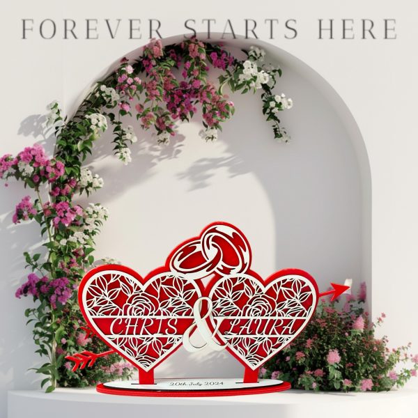 Personalised Wedding Heart & Rings complete with stand - (made from red acrylic and white MDF)